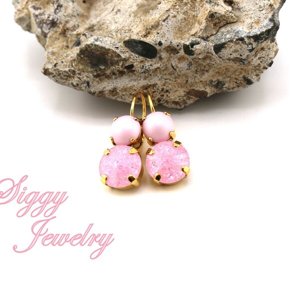 Light Rose Ice and Pastel Pink Pearl Double Drop Premium Crystal Earrings - Picture 5 of 6
